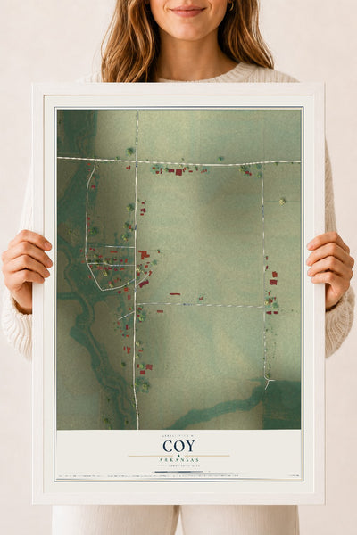 Map of Coy, Arkansas, 18 x 24 inch print in a white wood frame