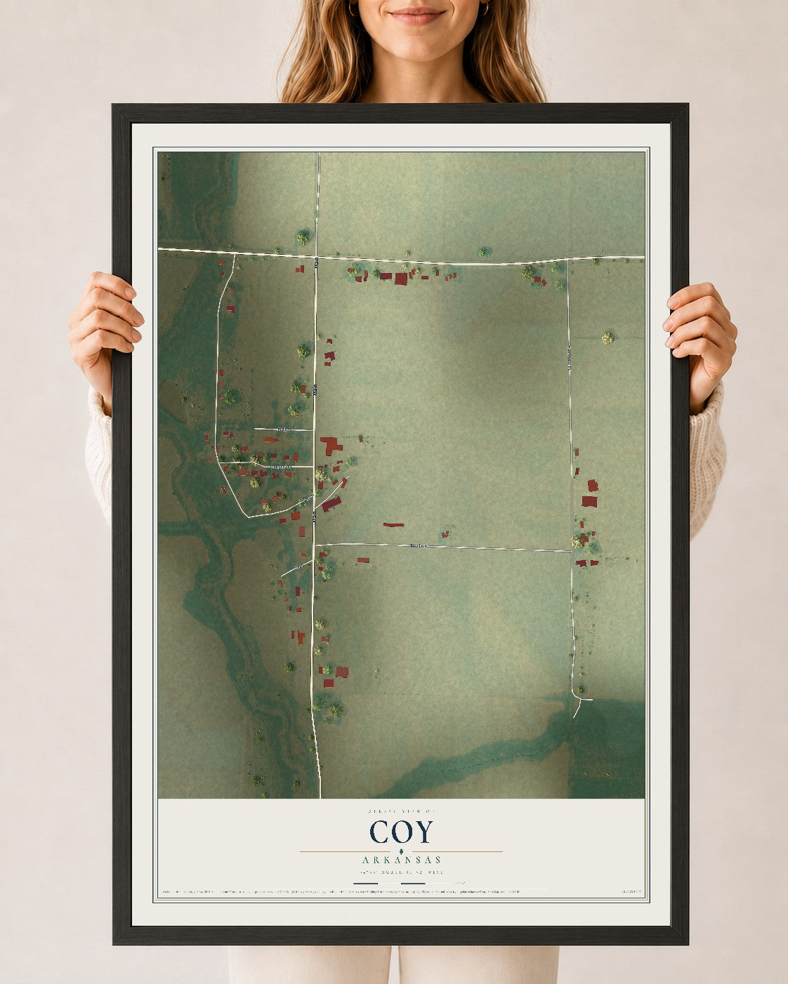 Map of Coy, Arkansas, 24 x 36 inch print in a black wood frame