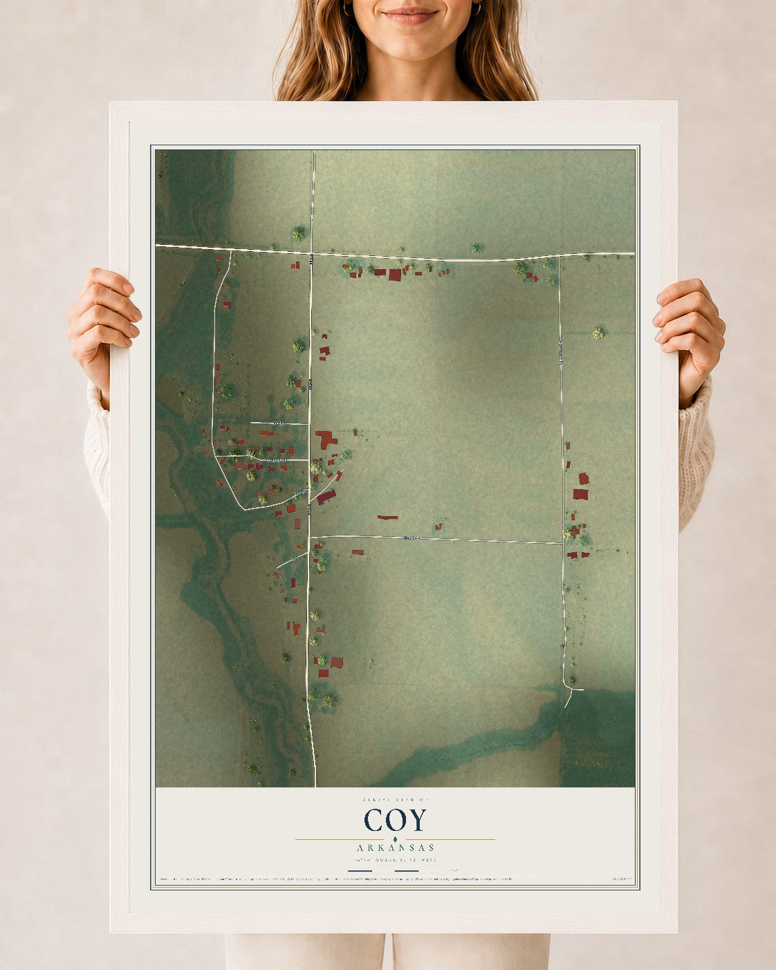 Map of Coy, Arkansas, 24 x 36 inch print in a white wood frame