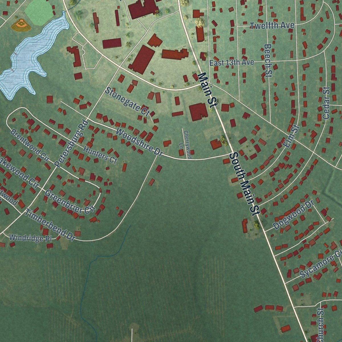 Second close-up of the map of Crossett, Arkansas print showing more streets and buildings