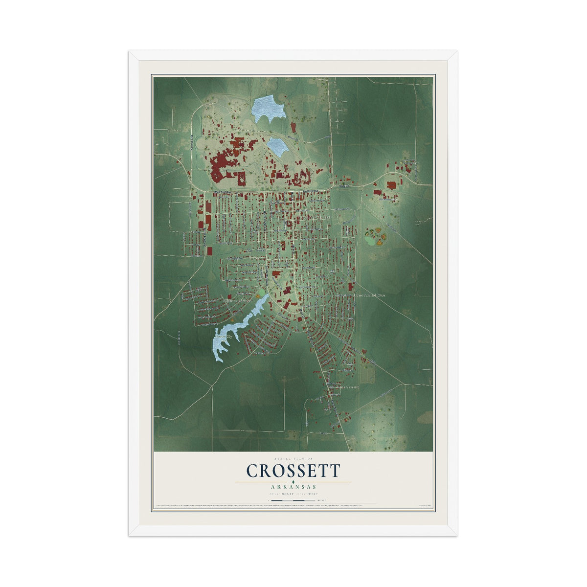 Map of Crossett, Arkansas, 12 x 18 inch print in a white wood frame