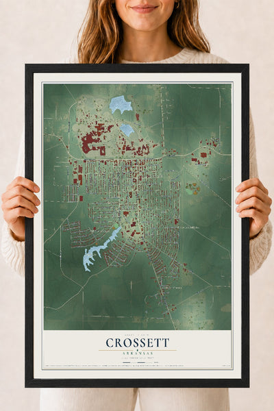 Map of Crossett, Arkansas, 18 x 24 inch print in a black wood frame