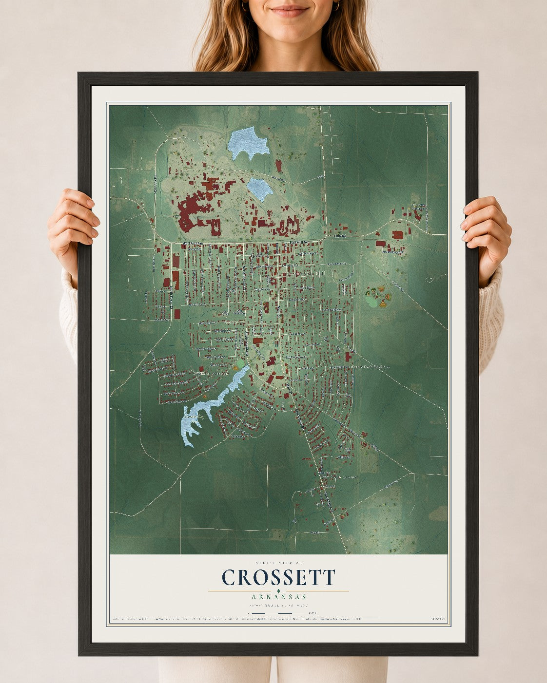 Map of Crossett, Arkansas, 24 x 36 inch print in a black wood frame