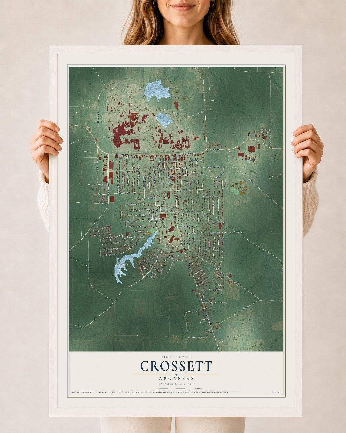 Map of Crossett, Arkansas, 24 x 36 inch print in a white wood frame