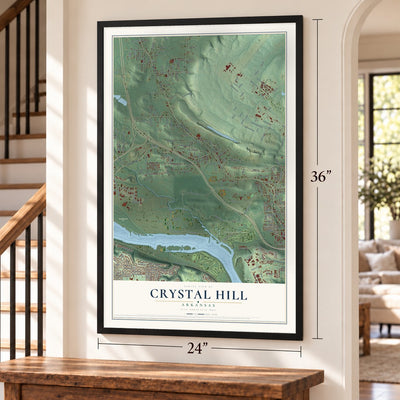 Crystal Hill, Arkansas map, 24 x 36 inch print in a black frame by a staircase