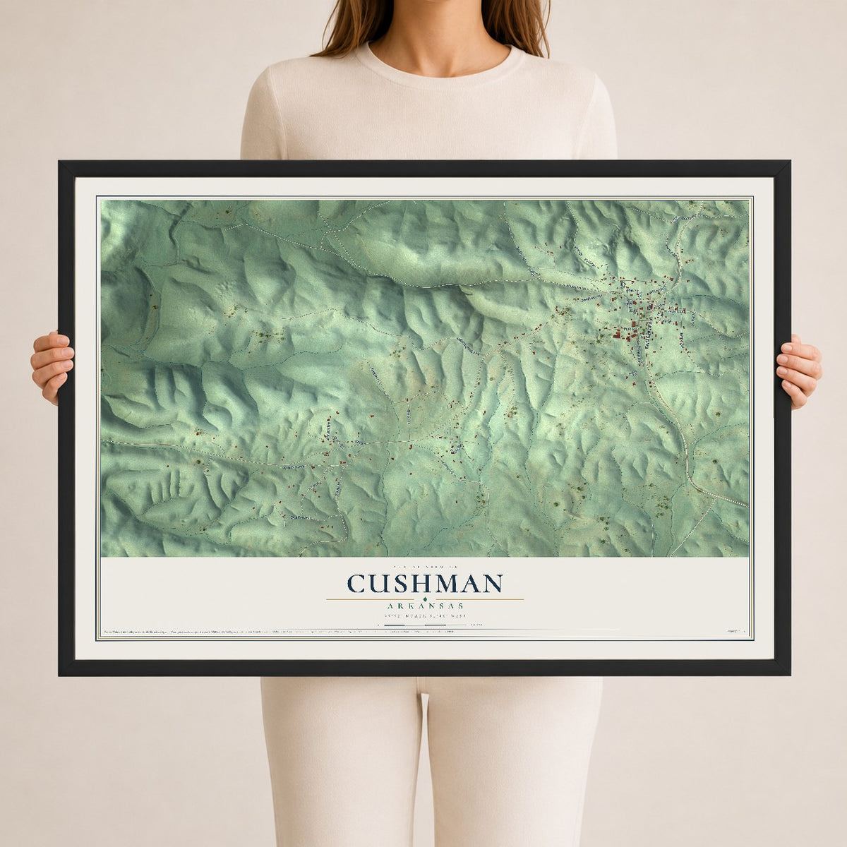 Map of Cushman, Arkansas, 24 x 36 inch print in a black wood frame