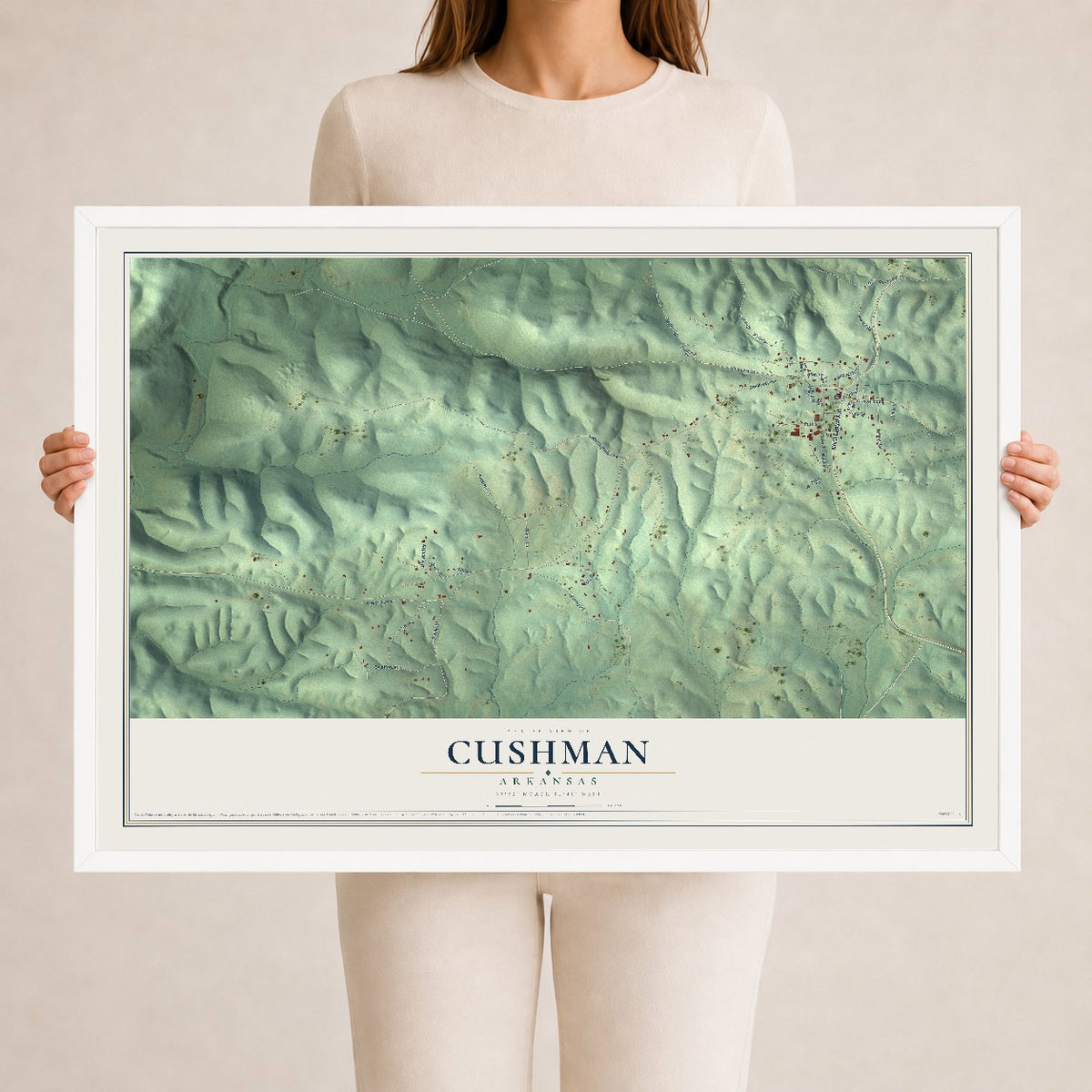 Map of Cushman, Arkansas, 24 x 36 inch print in a white wood frame