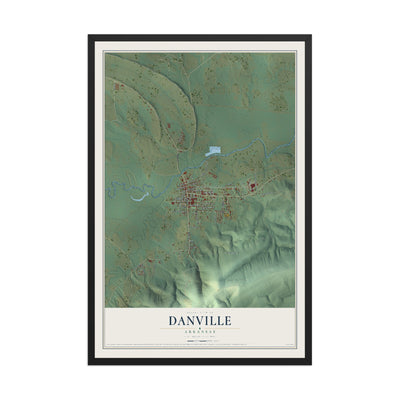Map of Danville, Arkansas, 12 x 18 inch print in a black wood frame