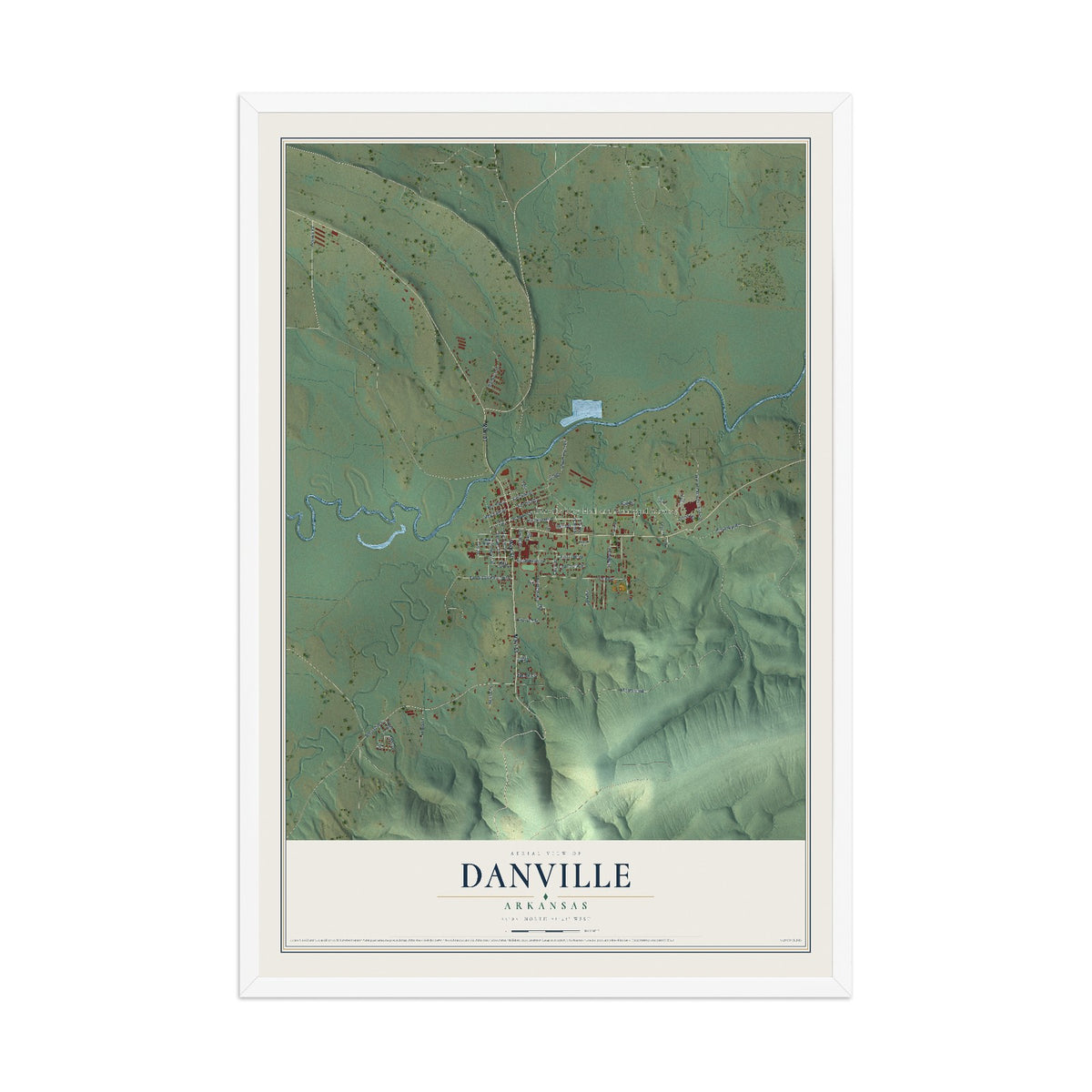 Map of Danville, Arkansas, 12 x 18 inch print in a white wood frame
