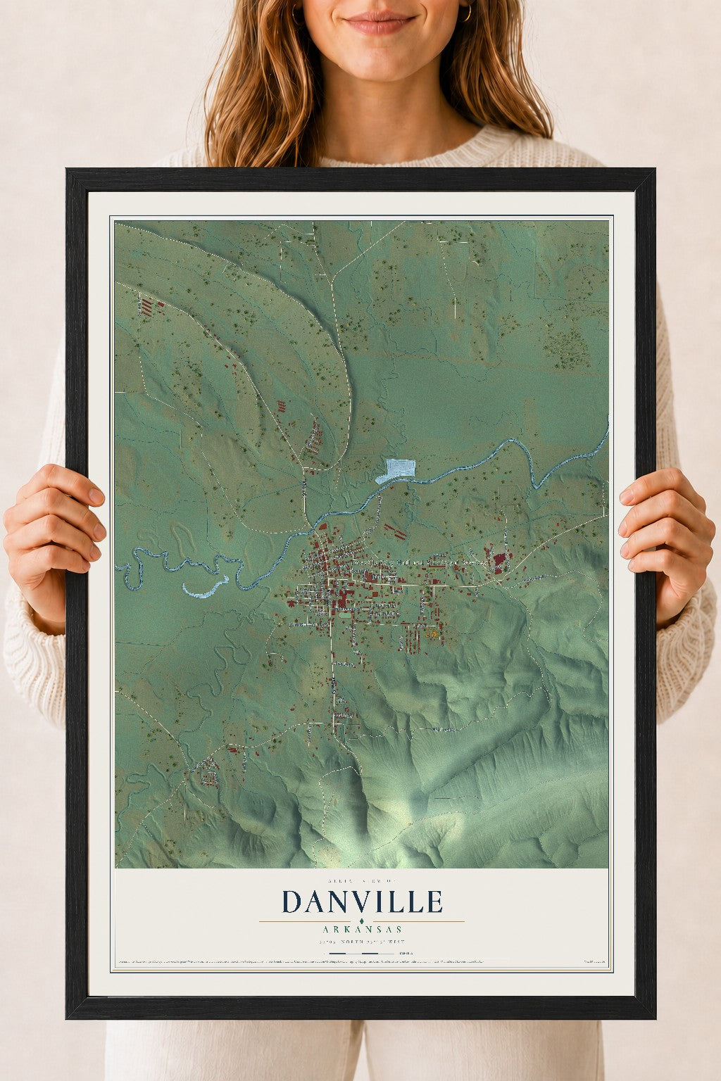 Map of Danville, Arkansas, 18 x 24 inch print in a black wood frame