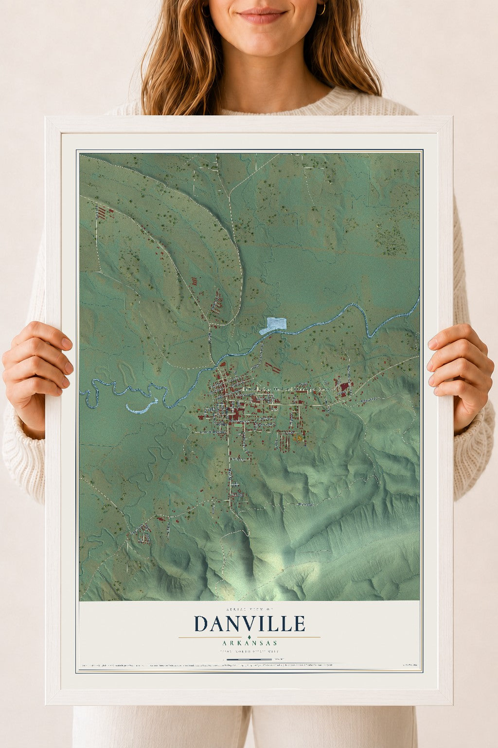 Map of Danville, Arkansas, 18 x 24 inch print in a white wood frame