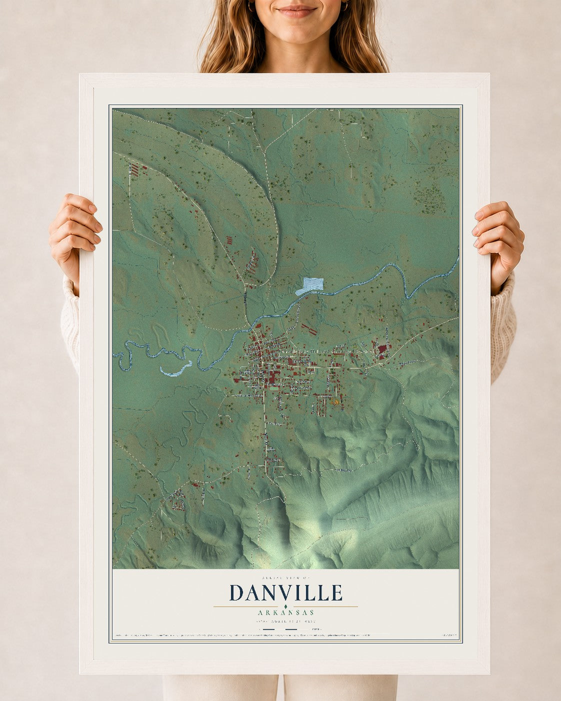 Map of Danville, Arkansas, 24 x 36 inch print in a white wood frame