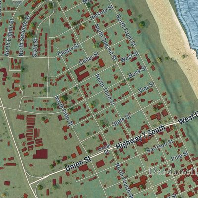 Close-up of the map of Dardanelle, Arkansas print showing street and building detail