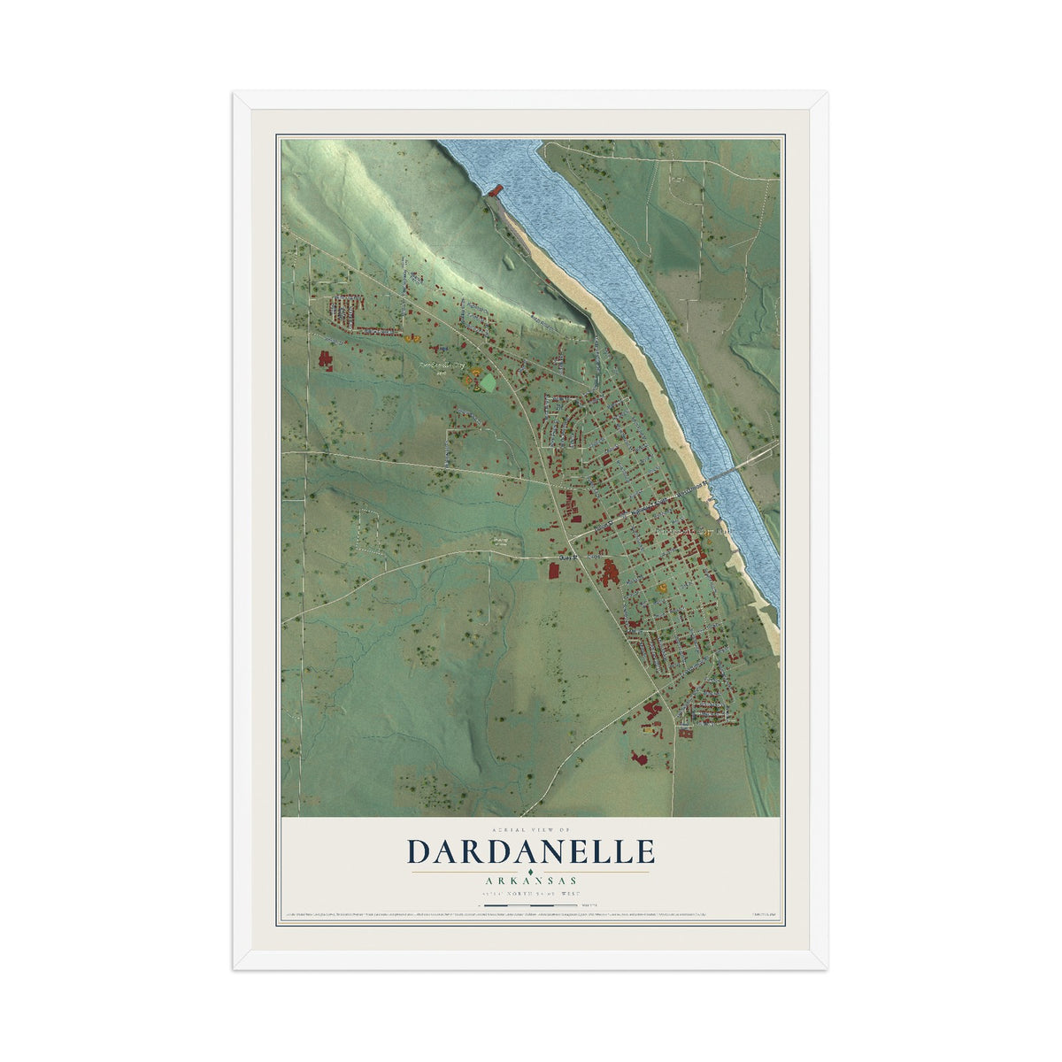 Map of Dardanelle, Arkansas, 12 x 18 inch print in a white wood frame