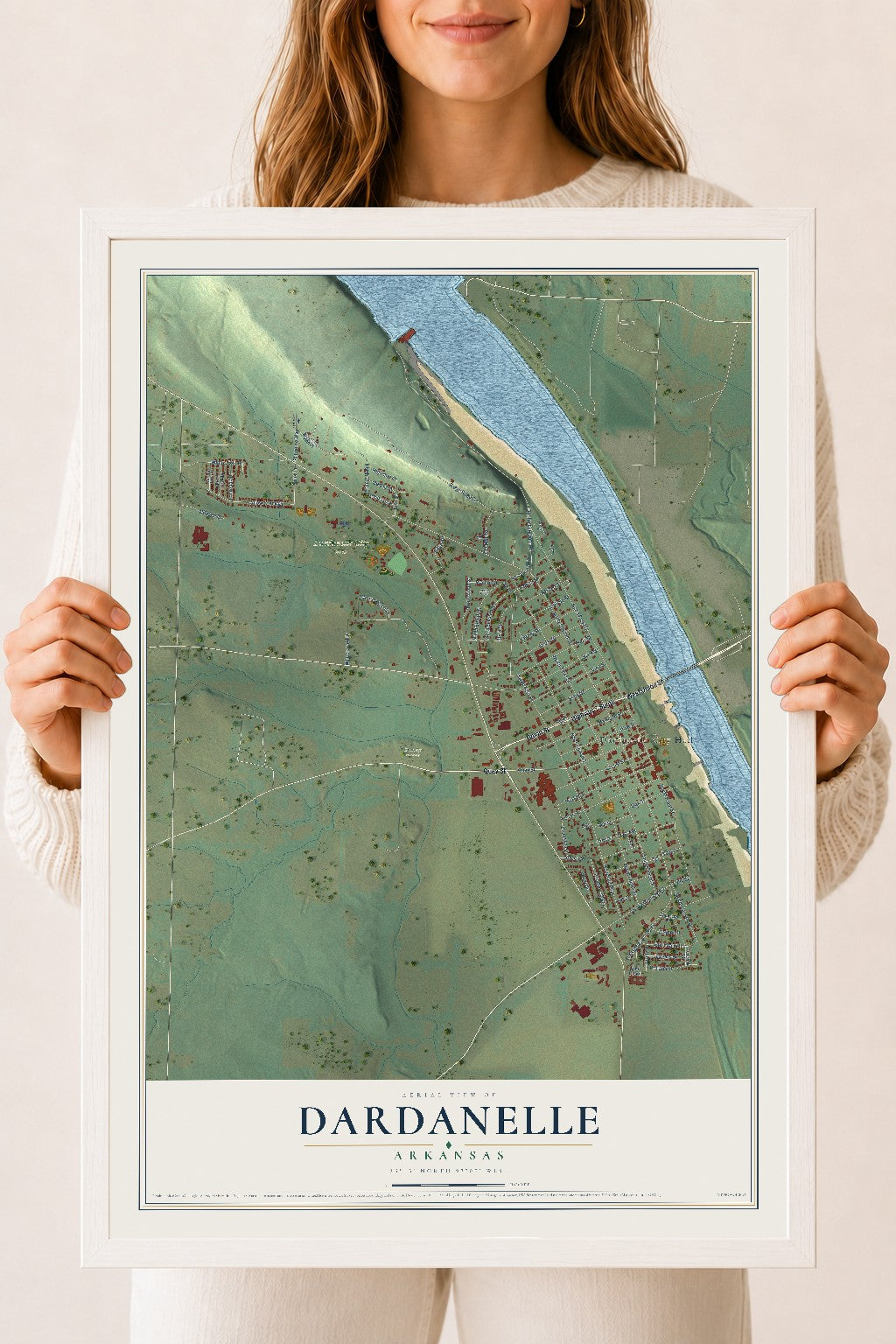 Map of Dardanelle, Arkansas, 18 x 24 inch print in a white wood frame