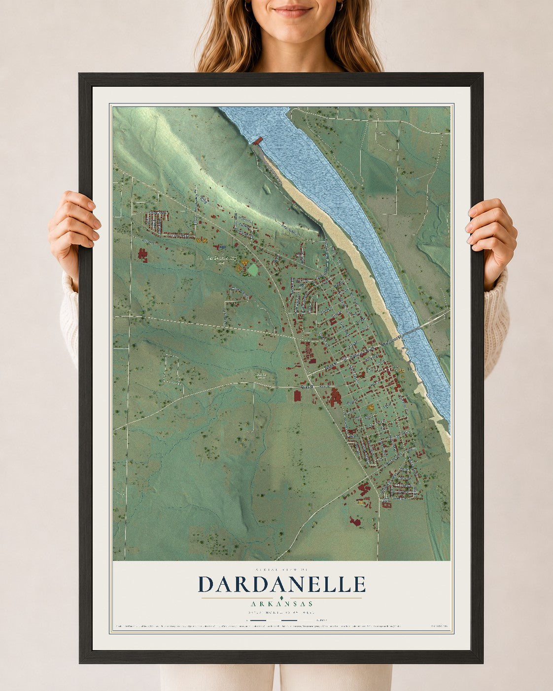 Map of Dardanelle, Arkansas, 24 x 36 inch print in a black wood frame