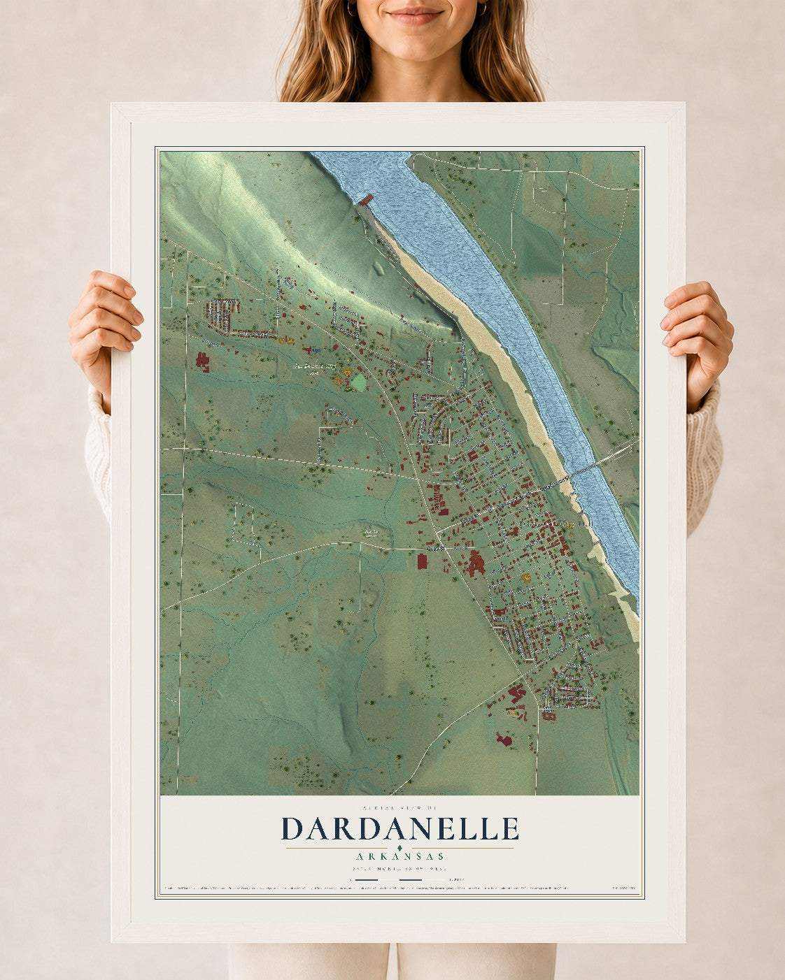 Map of Dardanelle, Arkansas, 24 x 36 inch print in a white wood frame
