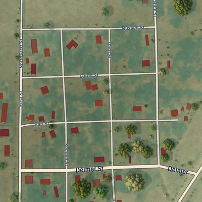 Close-up of the map of Datto, Arkansas print showing street and building detail