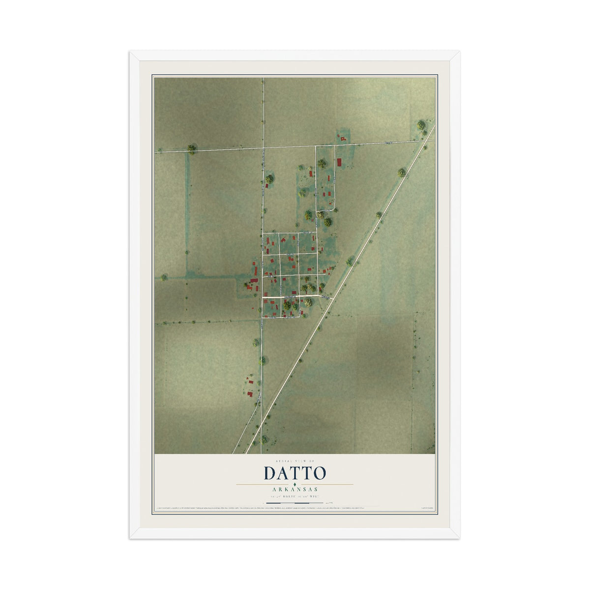 Map of Datto, Arkansas, 12 x 18 inch print in a white wood frame