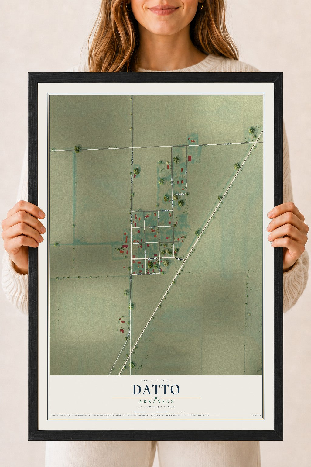 Map of Datto, Arkansas, 18 x 24 inch print in a black wood frame