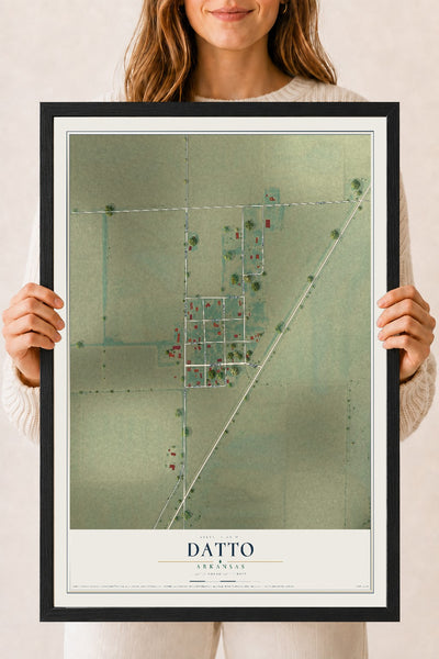 Map of Datto, Arkansas, 18 x 24 inch print in a black wood frame
