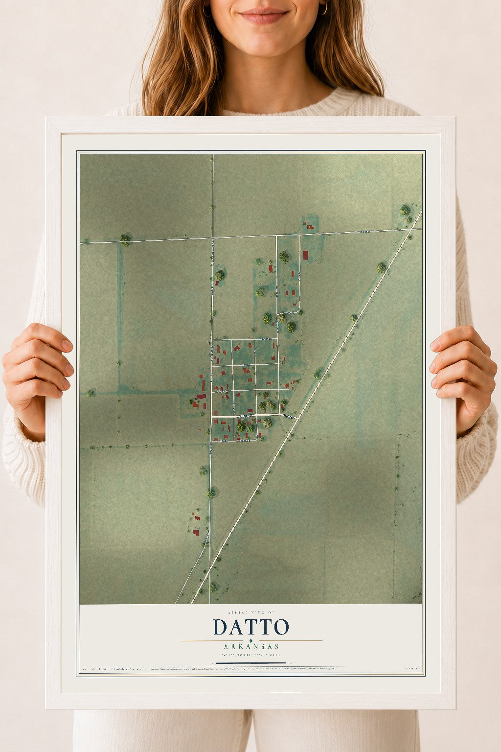 Map of Datto, Arkansas, 18 x 24 inch print in a white wood frame