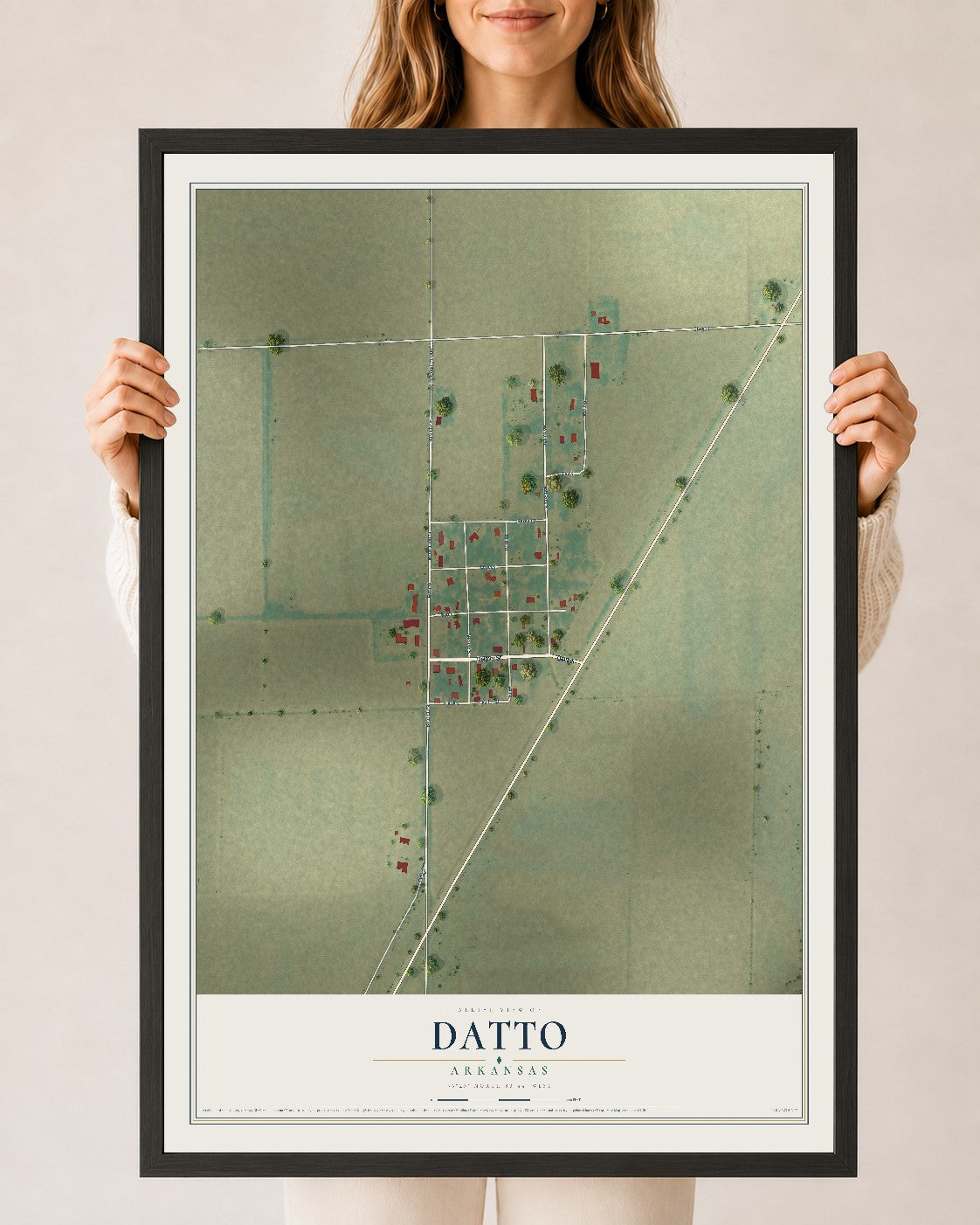 Map of Datto, Arkansas, 24 x 36 inch print in a black wood frame