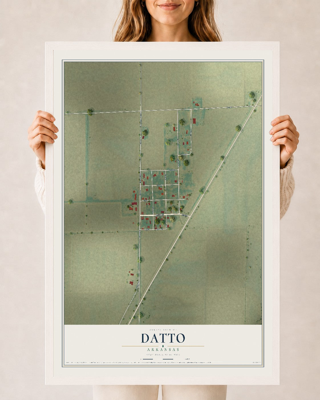 Map of Datto, Arkansas, 24 x 36 inch print in a white wood frame