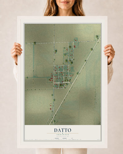 Map of Datto, Arkansas, 24 x 36 inch print in a white wood frame