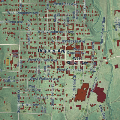 Close-up of the map of De Queen, Arkansas print showing street and building detail
