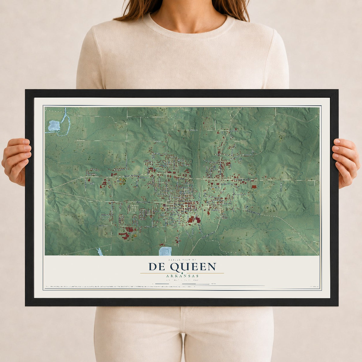 Map of De Queen, Arkansas, 12 x 18 inch print in a black wood frame