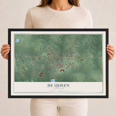 Map of De Queen, Arkansas, 12 x 18 inch print in a black wood frame
