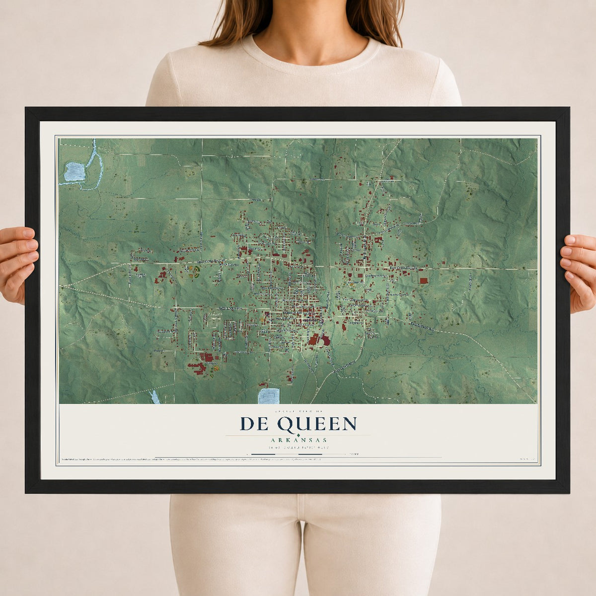 Map of De Queen, Arkansas, 18 x 24 inch print in a black wood frame