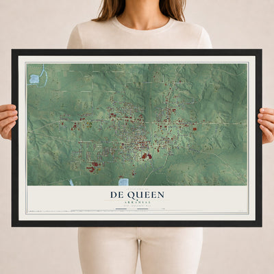 Map of De Queen, Arkansas, 18 x 24 inch print in a black wood frame