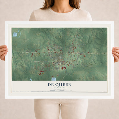 Map of De Queen, Arkansas, 18 x 24 inch print in a white wood frame