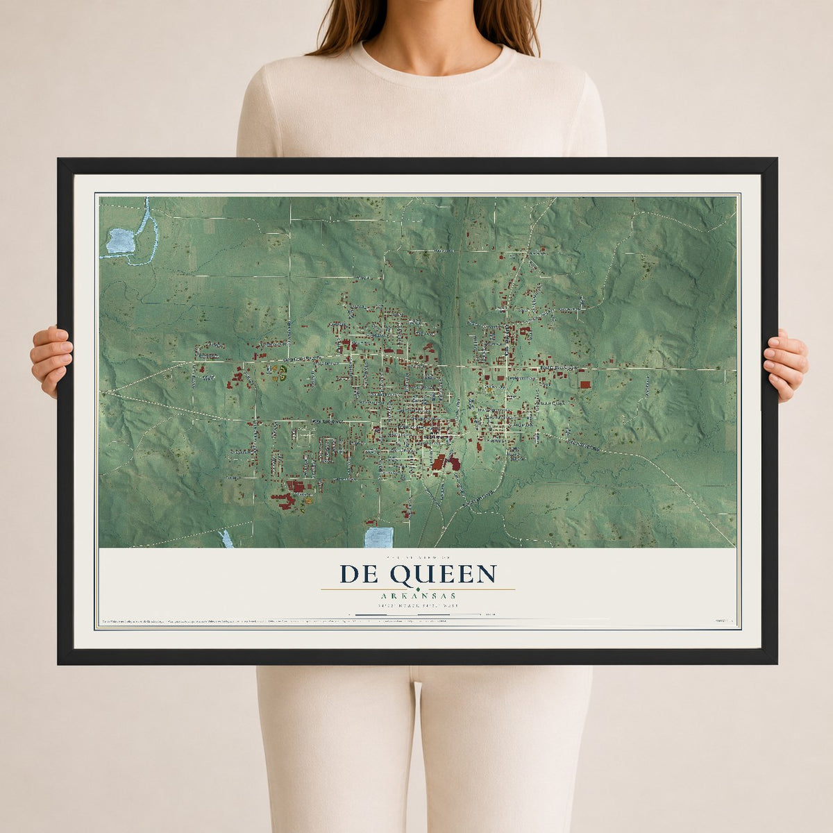 Map of De Queen, Arkansas, 24 x 36 inch print in a black wood frame