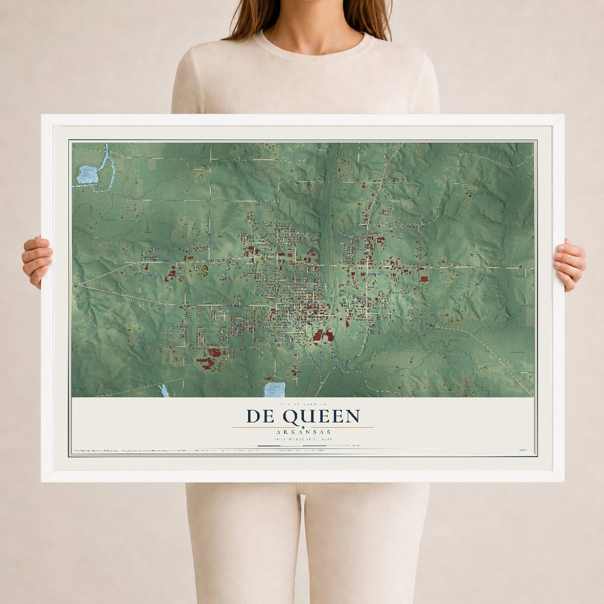 Map of De Queen, Arkansas, 24 x 36 inch print in a white wood frame