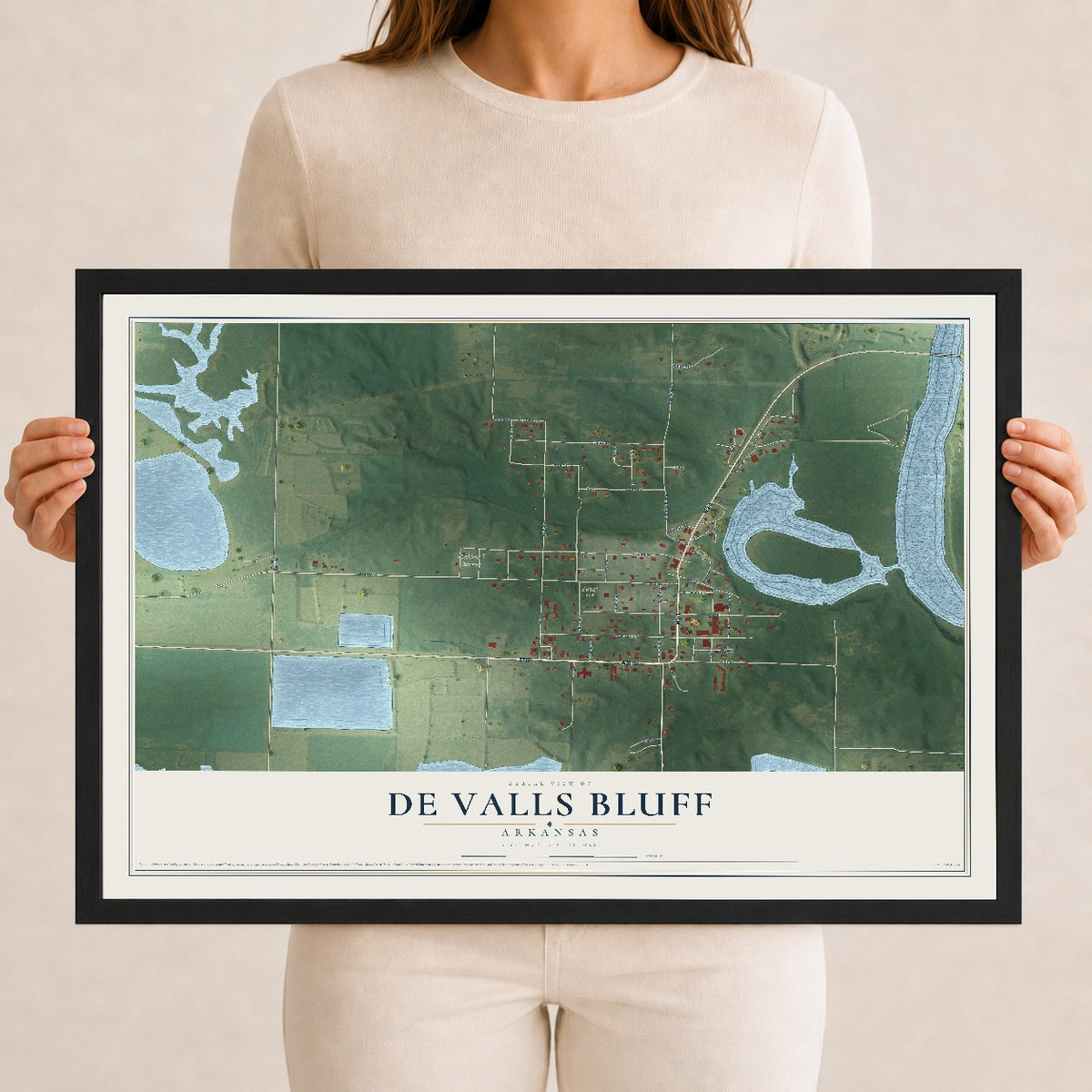 Map of De Valls Bluff, Arkansas, 12 x 18 inch print in a black wood frame