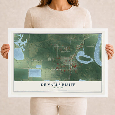 Map of De Valls Bluff, Arkansas, 12 x 18 inch print in a white wood frame