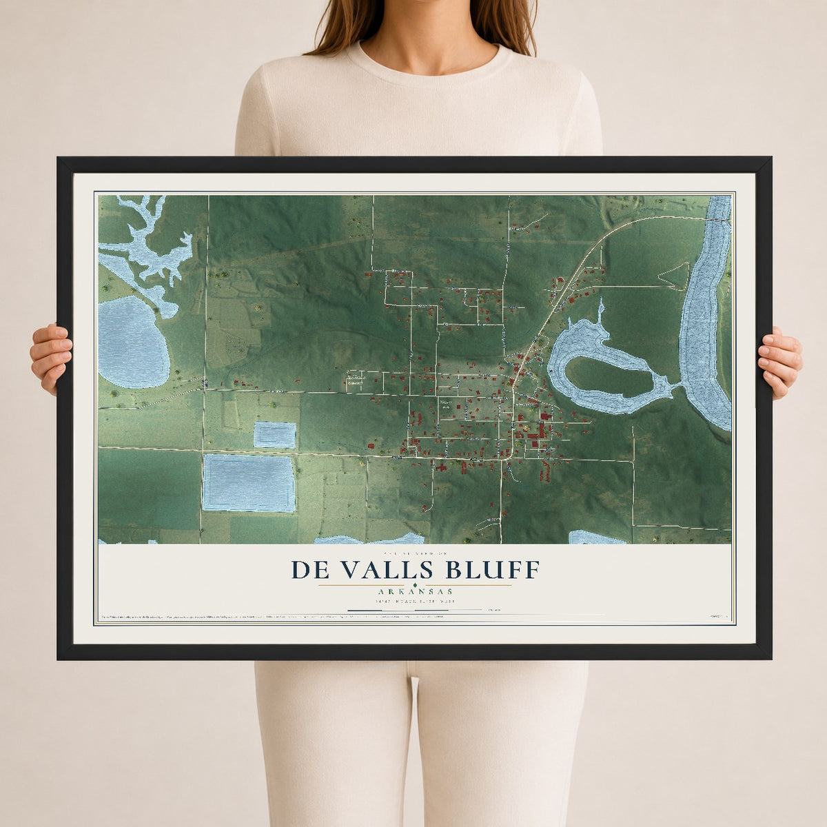 Map of De Valls Bluff, Arkansas, 24 x 36 inch print in a black wood frame