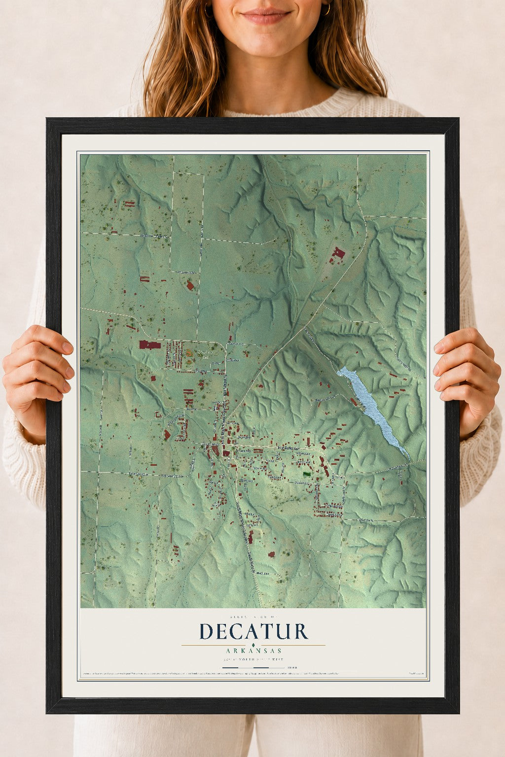 Map of Decatur, Arkansas, 18 x 24 inch print in a black wood frame