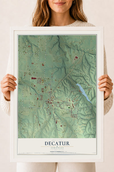 Map of Decatur, Arkansas, 18 x 24 inch print in a white wood frame