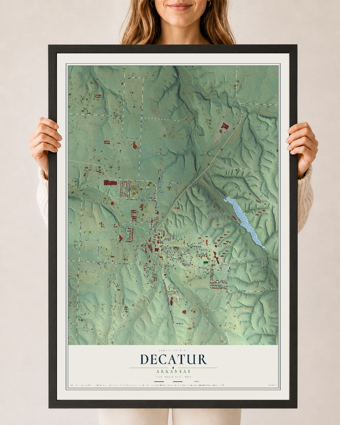Map of Decatur, Arkansas, 24 x 36 inch print in a black wood frame