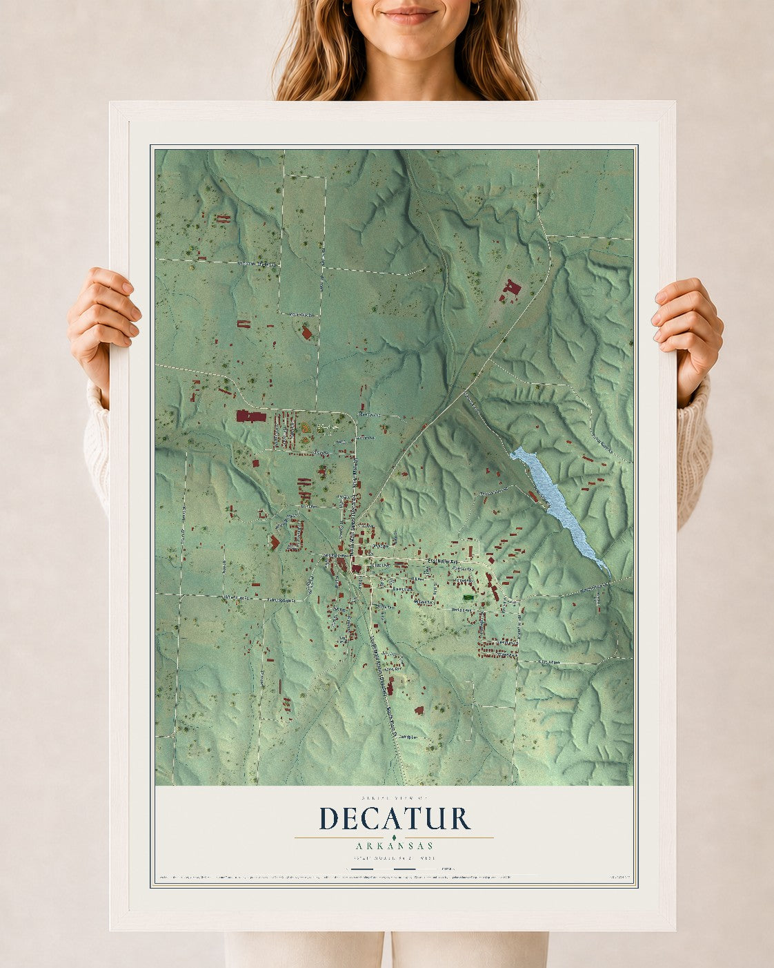 Map of Decatur, Arkansas, 24 x 36 inch print in a white wood frame