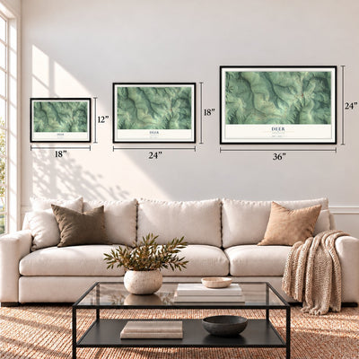 Deer, Arkansas map in 12 x 18, 18 x 24 and 24 x 36 inch sizes above a sofa