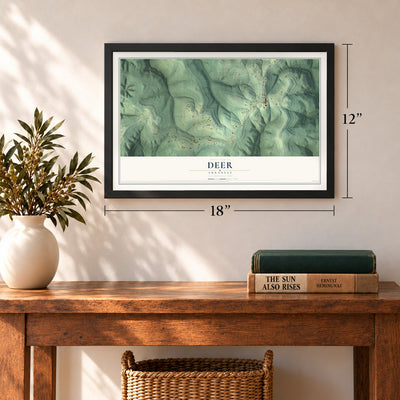 Deer, Arkansas map, 12 x 18 inch print in a black frame in an entryway