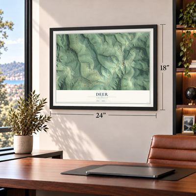 Deer, Arkansas map, 18 x 24 inch print in a black frame in a home office