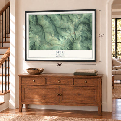 Deer, Arkansas map, 24 x 36 inch print in a black frame above a dresser by a staircase