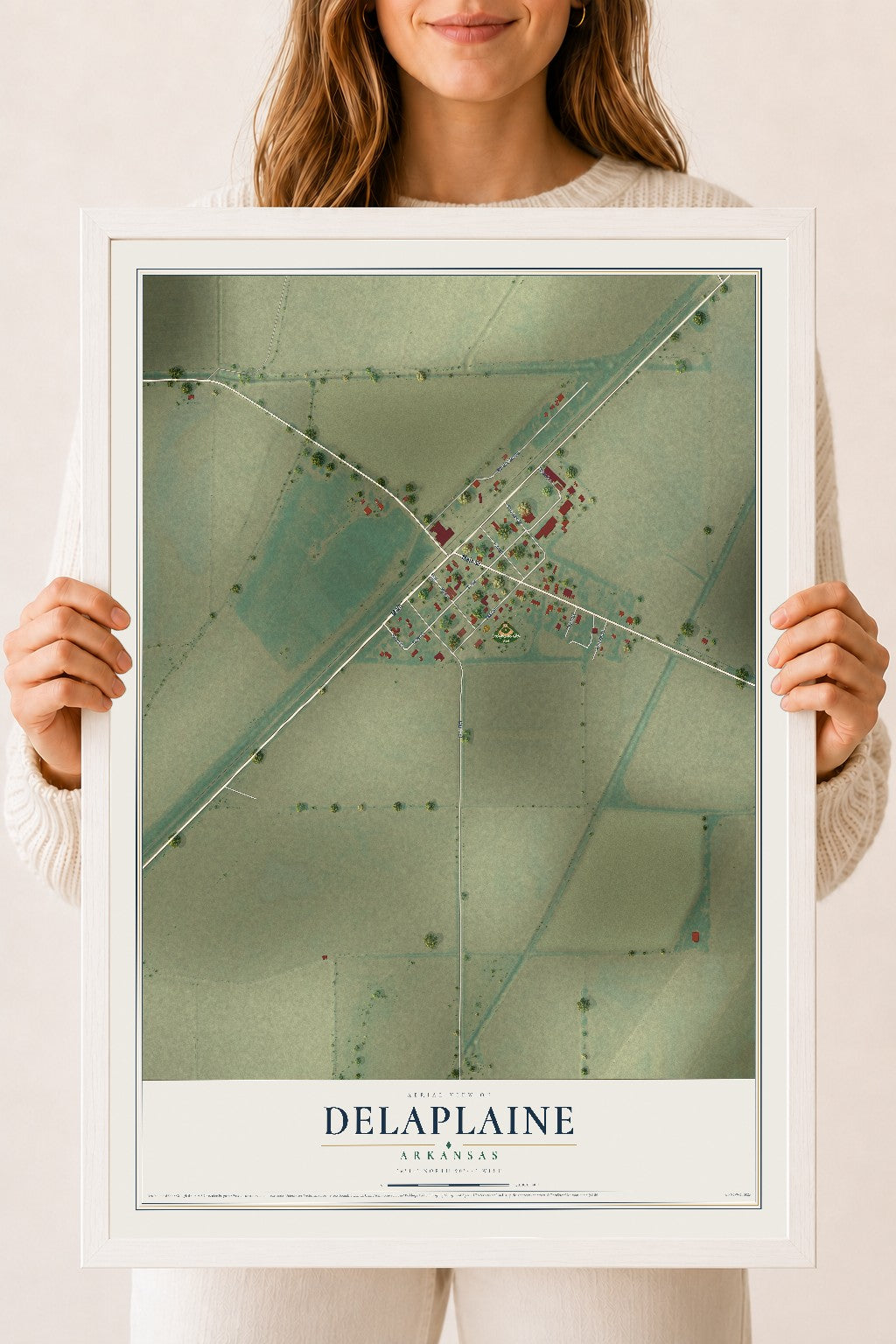 Map of Delaplaine, Arkansas, 18 x 24 inch print in a white wood frame