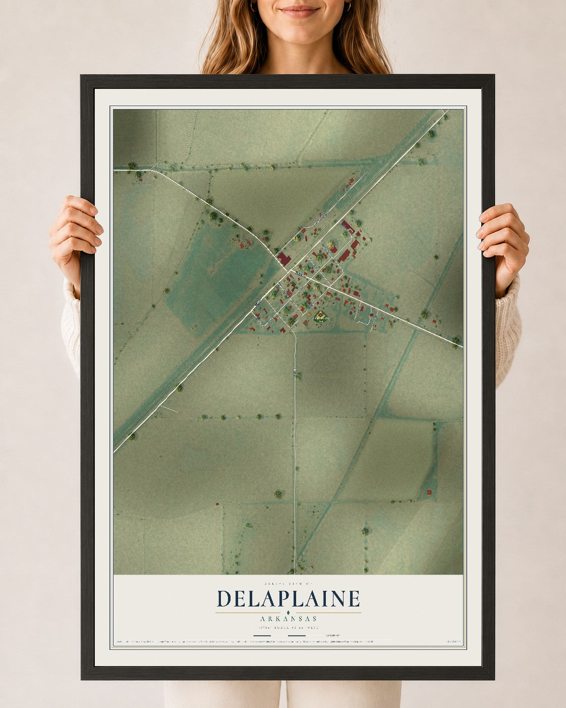 Map of Delaplaine, Arkansas, 24 x 36 inch print in a black wood frame
